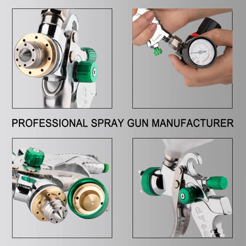 Pro Grade HVLP Spray Gun With Adjustable One Point Four One Point Seven And Two Point Zero Millimeter Tips, showcasing nozzle sizes and pressure gauge.