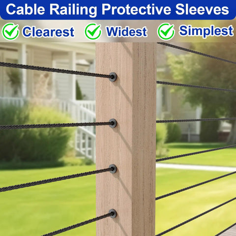 100 Pack Cable Railing Protector Sleeves For One Eighth Inch Deck Railing System on wood posts outdoors
