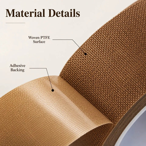 Heavy Duty PTFE Fiberglass Adhesive Tape For Heat Sealers, 10M Long Roll, showing woven PTFE surface and adhesive backing details.