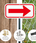 Two Pack Red And White Arrow Signs 12X6 Inch Heavy Duty Aluminum Reflective Directional Markers affixed to wood and chain link fence.