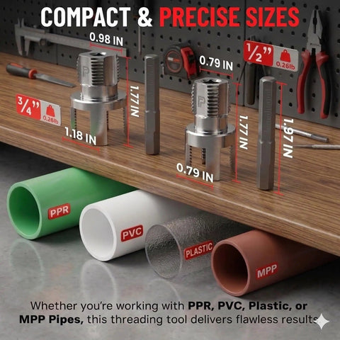 Two Pack PVC Pipe Threader Kit 1/2 and 3/4 Inch With Built In Internal And External Threading Rust Resistant Cutter Break Resistant Tool Set Dual Function Tubo Opener For Quick Clean Pipe Fittings displayed with size specifications and various pipe materials.