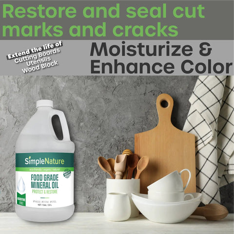 All American Food Grade Mineral Oil For Wood Care Keeps Your Cutting Boards Butcher Block Counters And Stainless Steel Smooth Protected And Ready For Action Odorless Tasteless Colorless 1 Gallon bottle next to wooden utensils and boards.