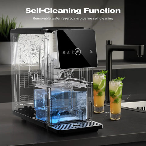 Chewable Nugget Ice Maker For Home And Office, 33 lbs Per Day, self-cleaning feature, black with transparent water tank on counter