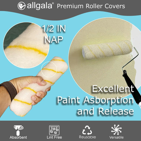 Professional Grade 9 Inch Paint Roller Covers 144 Case Pack Heavy Duty Zero Fuzz Lint Free 1/2 In Nap Sleeves in hand showing texture.