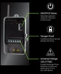Open metal enclosure of Z Wave Plus 40 Amp Indoor Outdoor Smart Switch with diagrams for ON/OFF, tamper-proof, and voltage features.