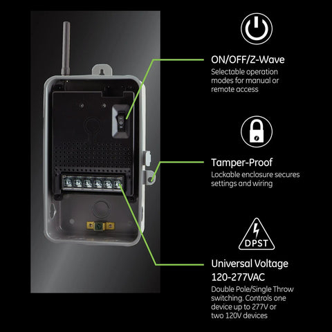 Open metal enclosure of Z Wave Plus 40 Amp Indoor Outdoor Smart Switch with diagrams for ON/OFF, tamper-proof, and voltage features.