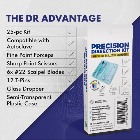 Pro Grade Dissection Kit For Biology Lab 25-Piece Stainless Steel Tools With Extra Blades And T-Pins Sharp Scissors And Scalpel Autoclavable Case In Assorted Colors Perfect For Students And Faculty, boxed kit view