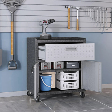 Fortress Mobile Garage Storage Cabinet On Wheels With Full Extension Drawer And Adjustable Shelves In Durable Stainless Steel