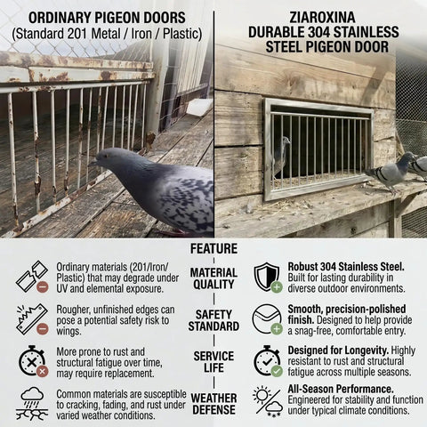 Comparison of ordinary pigeon door and Heavy Duty 304 Stainless Steel Pigeon Loft Trap Door with Bob Wire for durability and safety.