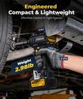 Mechanic using Cordless Impact Wrench With 1200 Newton Meters Breakaway Torque Half Inch Drive Brushless 21 Volt Power Tool under vehicle.