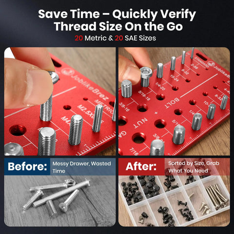 Front view of JoblikeBrez bolt thread checker on red wall-mount gauge; 40 sizes (20 metric, 20 SAE) with inch/cm ruler.