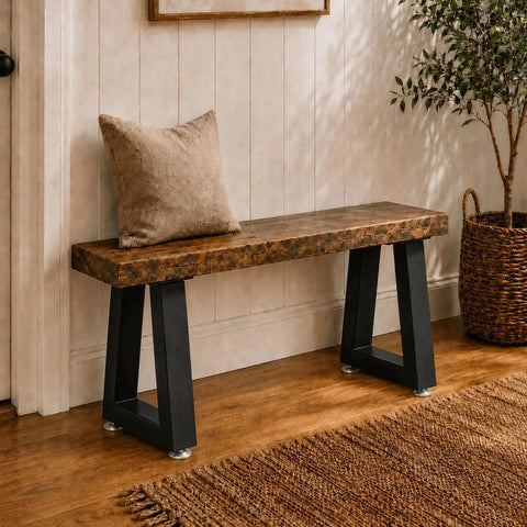 Wooden bench with 16 Inch Trapezoid Metal Table Legs Set Of 2 Beefy, Heavy Duty Black DIY Furniture Feet