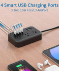 25 Foot Flat Plug Extension Cord With 6 Widely Spaced Outlets And 4 USB Ports Including 2 USB C Ports For Home Office Dorm Nightstand Wall Mount Power Strip Black, showing USB ports in use on a desk with gadgets.
