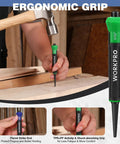 Three-Piece Nail Punch Set With Color Coded Nail Setters And Shock Absorbing Grip in use on wooden surface