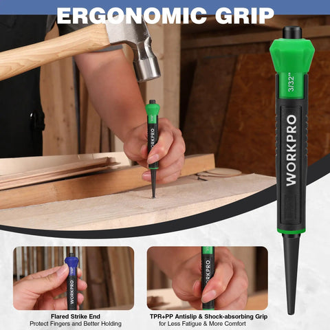 Three-Piece Nail Punch Set With Color Coded Nail Setters And Shock Absorbing Grip in use on wooden surface