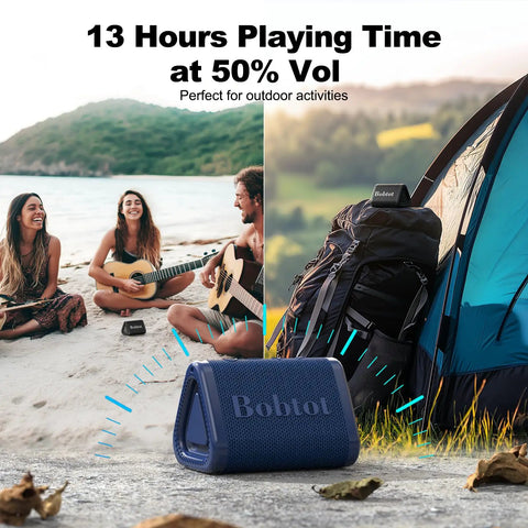 Portable Bluetooth Shower Speaker Waterproof IPX7 With Loud Stereo Sound And Bass displayed on beach next to tent and backpack