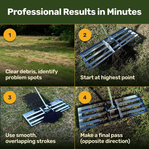 Lawn Leveling Rake 30 Inch By 10 Inch Heavy Duty Carbon Steel Ground Leveler Tool in use for leveling grass and soil