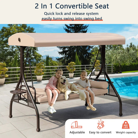 Two children sitting on Three Seat Outdoor Porch Swing With Adjustable Canopy, Comfy Waterproof Cushions And Pillow, beside a pool.