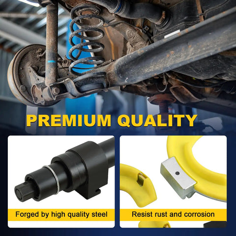 Macpherson Strut Spring Compressor Kit With Universal Interchangeable Yokes shown with steel part and yellow sleeve