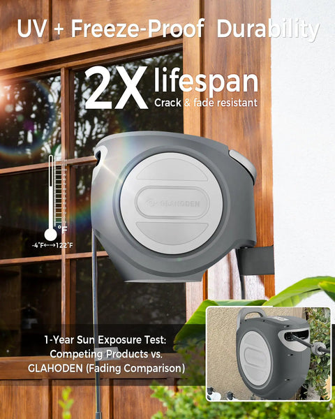 Retractable Garden Hose Reel With 5/8 Inch By 100 Foot Hose, wall-mounted, UV and freeze-proof, showing durability features.