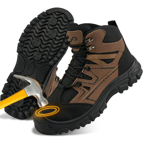 Steel Toe Work Boots For Men Safety Non Slip Puncture Resistant Comfort With Kevlar Midsole, hammer impact test shown