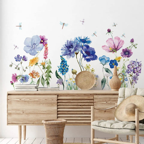 Six Piece Colorful Flower Wall Decals Set With Dragonflies Removable Peel And Stick Vinyl Murals for living room decor