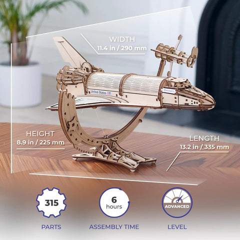 NASA Space Shuttle Discovery 3D Puzzle Kit Mechanical Model With Realistic Details Hands On Build For Adults And Kids Fun Educational Space Toy For STEM Fans Eight Point Nine Inch Tall When Assembled, wooden model on stand