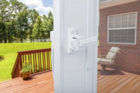 Corrosion Resistant Screen Door Hardware Kit With Pneumatic Closer And Push Button Latch for out swinging doors, side view, white