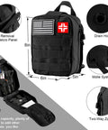 310 Piece Survival Gear Kit With Emergency First Aid pouch showing dimensions and compartments