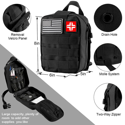 310 Piece Survival Gear Kit With Emergency First Aid pouch showing dimensions and compartments