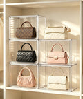 Clear Acrylic Purses And Handbag Organizer Display Case Set with magnetic door, showing stackable storage for handbags in closet.
