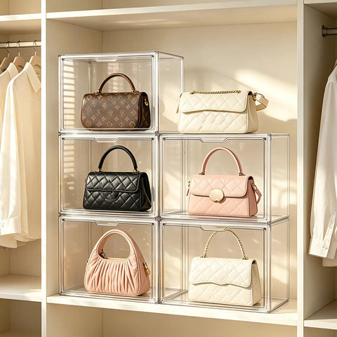 Clear Acrylic Purses And Handbag Organizer Display Case Set with magnetic door, showing stackable storage for handbags in closet.