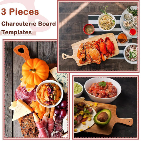 Set Of 3 Acrylic Charcuterie Handle Router Templates Woodworking Stencils For Cutting Boards Pro Guide Kit with food and craft displays.