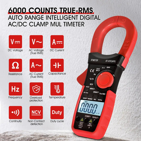 Clamp Meter Multimeter With True RMS, 2000A AC DC Current, 6000 Counts, Bluetooth Data Logging To 570Y App, measures voltage and NCV