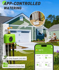 3 Zone WiFi Sprinkler Timer With Smart Gateway Brass Inlet And Outlet Voice Control With Alexa and Google shown in garden setup.