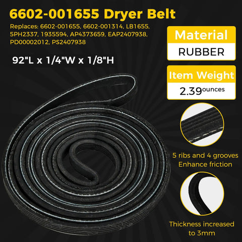 Coiled 6602-001655 rubber dryer belt highlighting size and weight for Samsung DV42H5000EW A3 models.