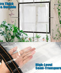 Hand holding Two Pack Clear Tarp Covers Heavy Duty Waterproof Tarpaulin With Grommets For Garden Greenhouse Balcony Patio And Outdoor Use Tear Resistant Weatherproof 39 By 39 Inch Rain Snow Wind Protection in semi-transparent material