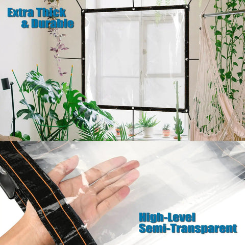 Hand holding Two Pack Clear Tarp Covers Heavy Duty Waterproof Tarpaulin With Grommets For Garden Greenhouse Balcony Patio And Outdoor Use Tear Resistant Weatherproof 39 By 39 Inch Rain Snow Wind Protection in semi-transparent material
