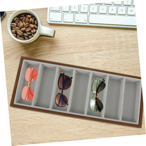 Premium Wooden Shade Keeper Tray Including Seven Gray Fabric Slots Top Tier Jewelry Glasses Watch Organizer with sunglasses