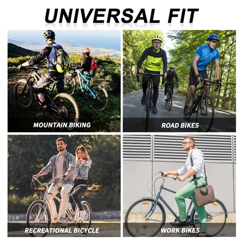 Universal fit bicycles showing mountain biking, road biking, recreational cycling, and work commuting.