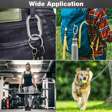 M6 Quick Links Chain Connectors used for backpack, key ring, gym equipment, and pet chain applications in outdoor settings.