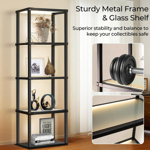 Display Shelf Floor Lamp With Dimmable LED Three Color Temperatures Glass Curio Cabinet Shelves Remote Control Sturdy Design