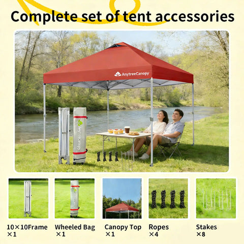 10x10 Pop Up Canopy Tent With Easy Up Setup Waterproof Outdoor Shelter On Wheels Red Ventilated Sun Shade For Patio Backyard Parties And Camping Ideal For Picnics And Events shown set up in a grassy area.