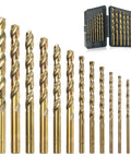 13 Piece Cobalt Drill Bit Set With M35 HSS 135 Degree Point Twist Jobber Length For Hardened Metal Cast Iron Stainless Steel Plastic And Wood In Heavy Duty Storage Case 1/16 To 1/4 Inch displayed with drill bits and storage case
