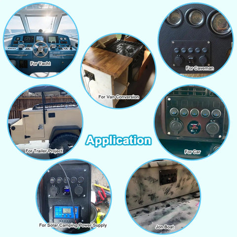 All In One 5 Gang Rocker Switch Panel With Type C And QC 3.0 USB Digital Voltmeter 12V Outlet Pre Wired applications in vehicles and boats