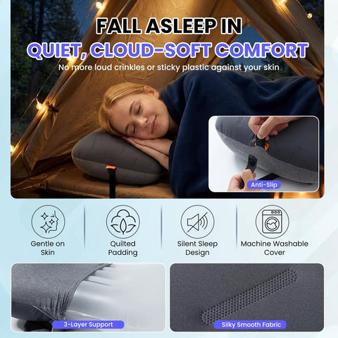Woman sleeping on Ultralight Camping Pillow With Thick TPU Bladder For No Leak Support Compact Air Pillow in tent