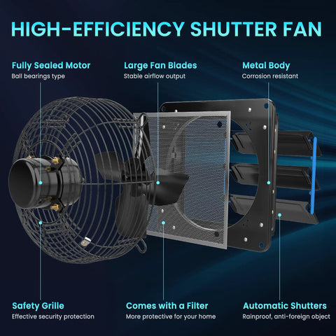 Exploded view of 10 Inch Shutter Exhaust Fan With 647 CFM High Airflow, Whisper Quiet Low Noise Wall Mount Extractor components