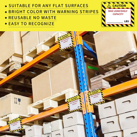 TopShelf Heavy Duty Pallet Rack Capacity Labels 100 Pack Featuring Durable 3X4 Inch Max Load Warning Stickers on warehouse racking.