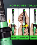 Ultra Precise Mini 1/4 Inch Torque Wrench For Bike, 20 To 240 Inch Pounds Range, 2.3 To 27.1 Newton Meters, Lightweight With 3 Degree Curved Ratchet Head, Quick Release Button, Anti Slip Ergonomic Handle, Ready For Gearheads, close-up of torque scale and setting steps