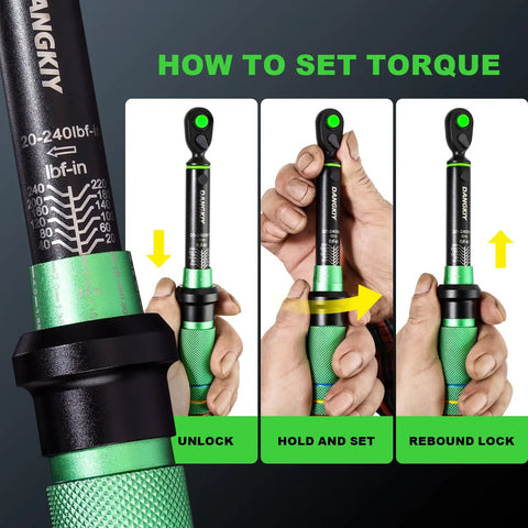 Ultra Precise Mini 1/4 Inch Torque Wrench For Bike, 20 To 240 Inch Pounds Range, 2.3 To 27.1 Newton Meters, Lightweight With 3 Degree Curved Ratchet Head, Quick Release Button, Anti Slip Ergonomic Handle, Ready For Gearheads, close-up of torque scale and setting steps